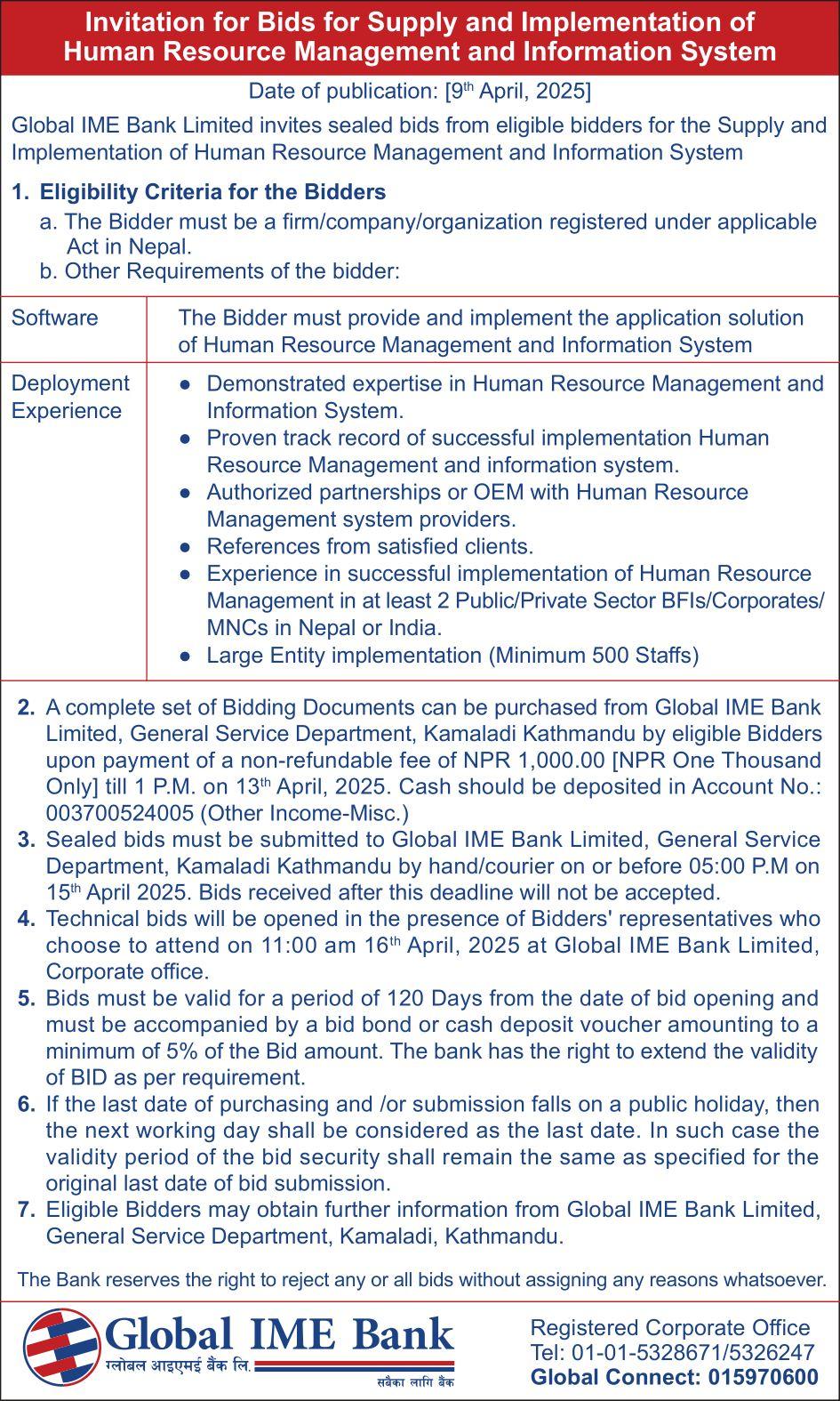 Invitation for Bids for Supply and Implementation of Human Resource Management and Information System