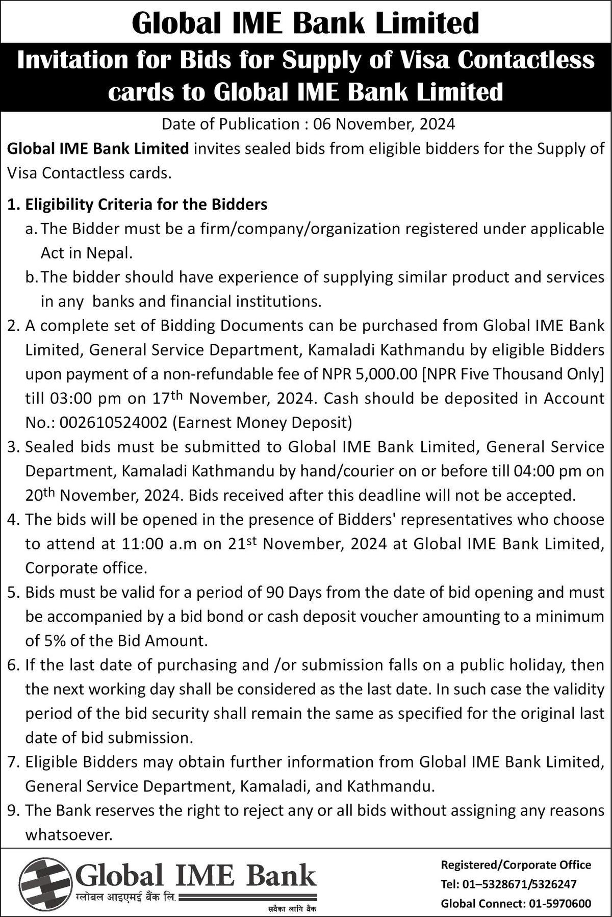 Global IME Bank Limited Invitation for Bids for Supply of Visa Contactless cards to Global IME Bank Limited