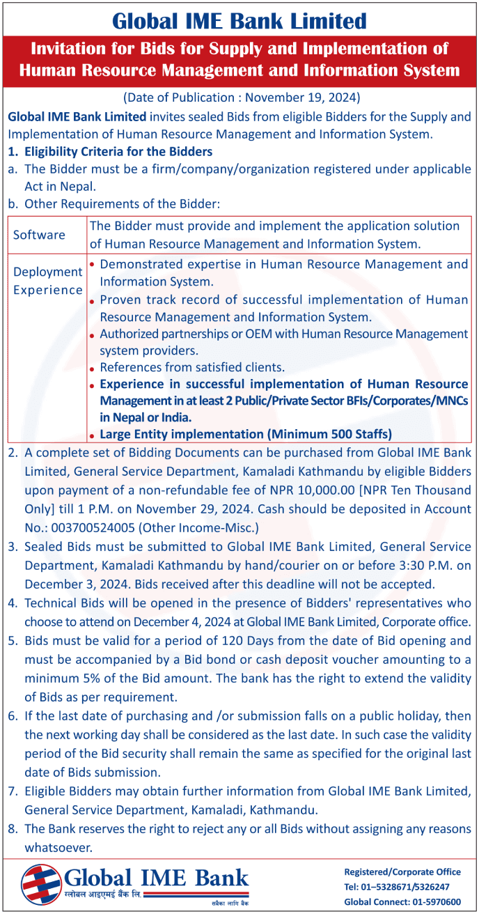 Invitation for Bids for Supply and Implementation of Human Resource Management and Information System