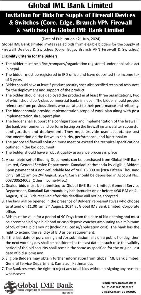 Invitation for Bids for Supply of Firewall Devices & Switches (Core, Edge, Branch VPN Firewall & Switches) 