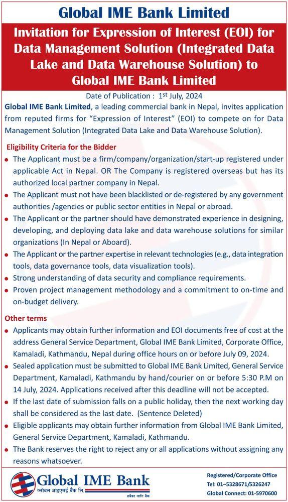 Invitation for Expression of Interest (EOI) for Data Management Solution (Integrated Data Lake and Data Warehouse Solution) to Global IME Bank Limited