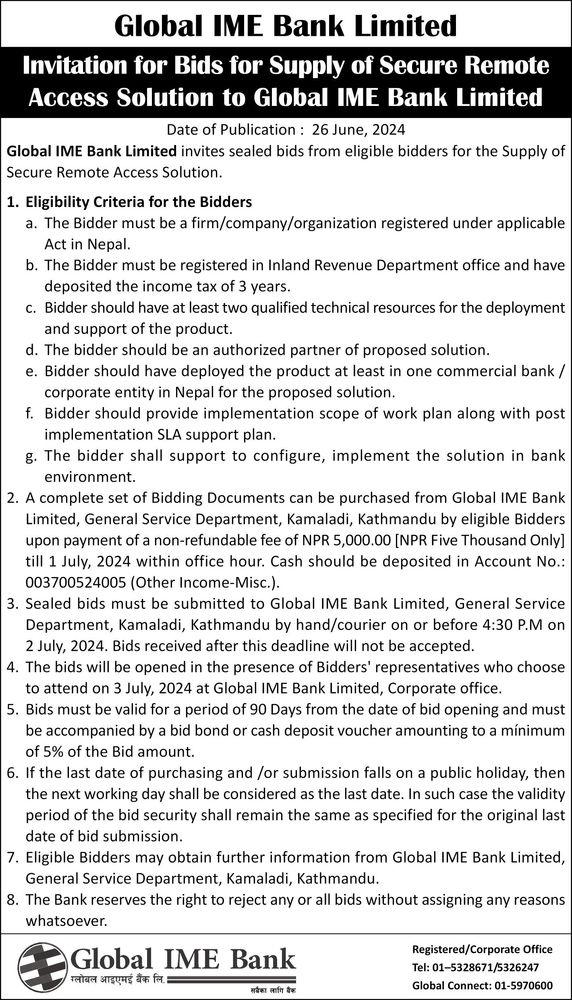 Invitation for Bids for Supply of Secure Remote Access Solution to Global IME Bank Limited