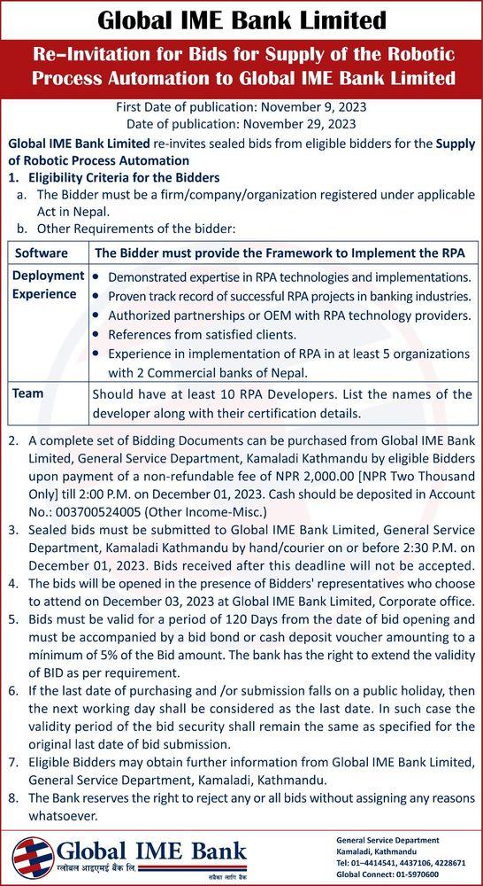 Re-Invitation for Bids for Supply of the Robotic Process Automation