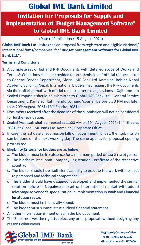 Invitation for Proposals for Supply and Implementation of "Budget Management Software" to Global IME Bank Limited