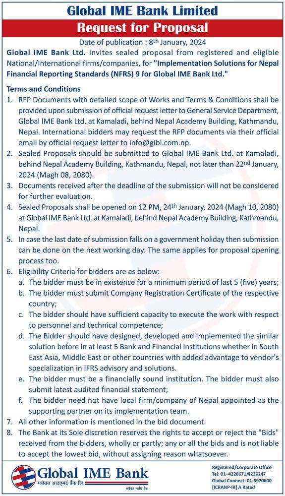 Global IME Bank Ltd. invites sealed proposal from registered and eligible National/International firms/companies, for "Implementation Solutions for Nepal Financial Reporting Standards (NFRS) 9 for Global IME Bank Ltd.