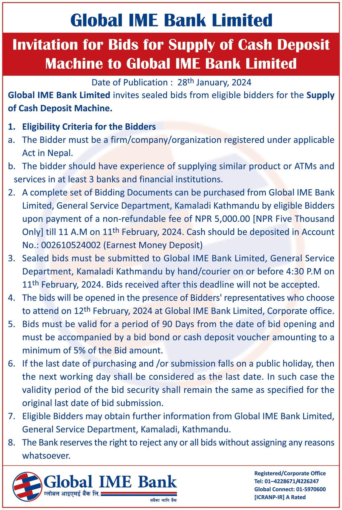 Invitation for Bids for Supply of Cash Deposit Machine to Global IME Bank Limited