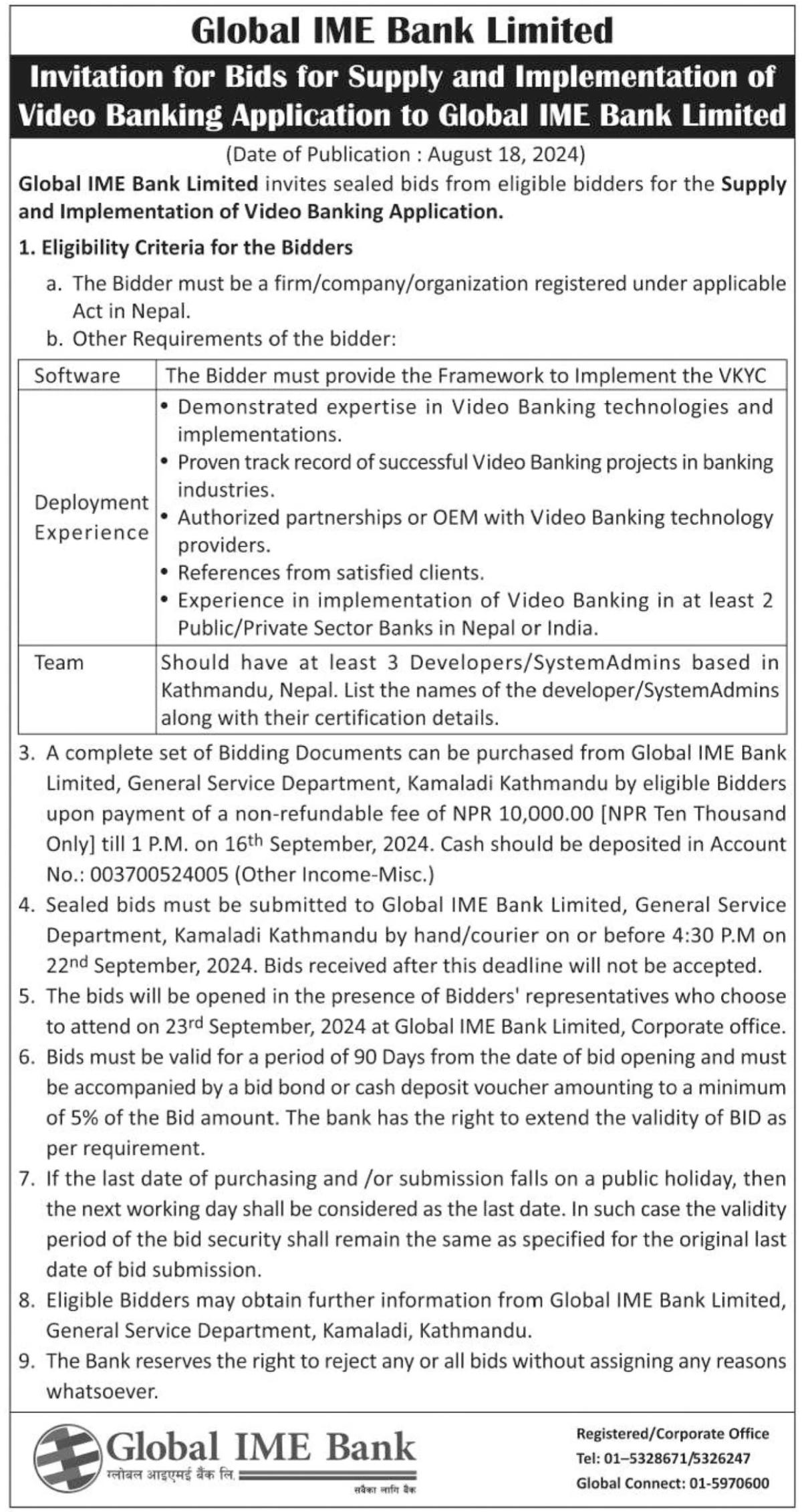 Invitation for Bids for Supply and Implementation of Video Banking Application to Global IME Bank Limited