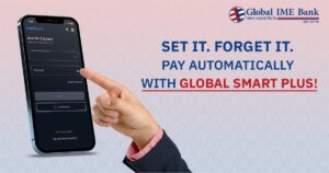 Global Smart Plus app on a smartphone, showing automated payment features for bills, credit cards, and utilities, simplifying financial management.