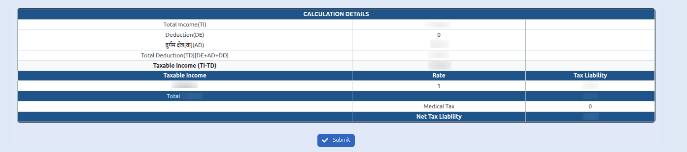 How to Get a Personal Tax Clearance Certificate Online in Nepal? Table showing total income, dedication and taxable income after calculation